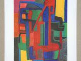 peinture abstraite représentant une chaise rouge et une chaise verte sur un fond marron