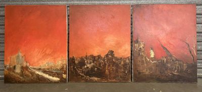 three paintings of a desert scene with a red sky in the background
