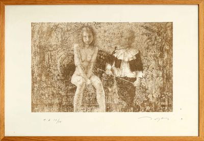 drawing of a man standing next to a cow in a field