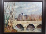 an oil painting of a bridge over a river with a castle in the background