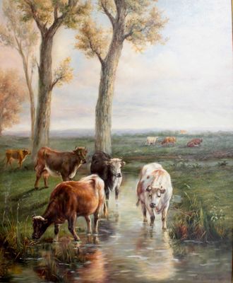 un tableau représentant des vaches en train de boire l'eau d'un ruisseau