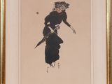 tableau représentant une femme en robe noire et chapeau, tenant un pistolet