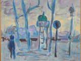 tableau représentant un tableau où l'on voit des gens marcher sous la pluie avec des parapluies