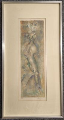 tableau encadré représentant une femme nue avec un oiseau sur l'épaule