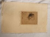 an old drawing of a woman sitting on a bed next to a white sheet