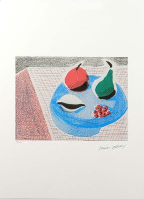 un dessin représentant une assiette de fruits posée sur une table