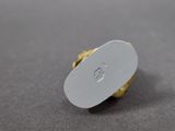 a white and gold ring with a white disc on top of it