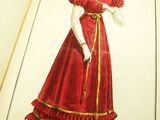 an open book with a drawing of a woman in a red dress