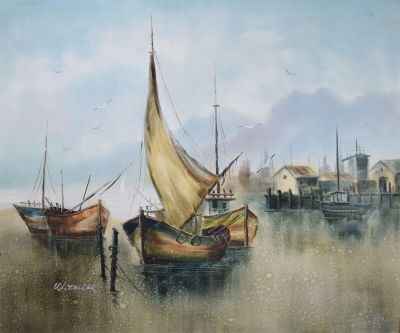 une peinture représentant quelques bateaux sur l'eau