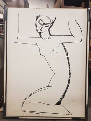 dessin représentant une femme tenant une raquette de tennis sur un tableau blanc