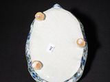a close up of a white plate with blue flowers on it