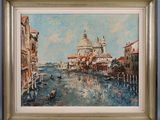 painting of a view of a canal with a church in the background