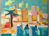 painting of a palm tree in front of a colorful cityscape