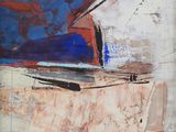 abstract painting of a blue and red boat in the water