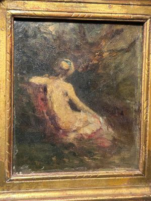une peinture à l'huile représentant une femme assise sur une chaise devant un arbre