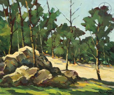 une peinture à l'huile représentant des rochers et des arbres par une journée ensoleillée