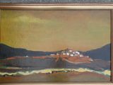 an oil painting of a small village on a hill with a sky in the background