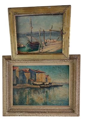 two paintings of boats in a harbor and a boat in the water