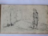 an old book with a drawing of a man standing in the middle of a field