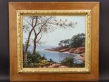 un tableau représentant un paysage avec des arbres et un plan d'eau