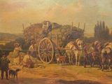 painting of a group of men and women loading hay onto a horse drawn wagon