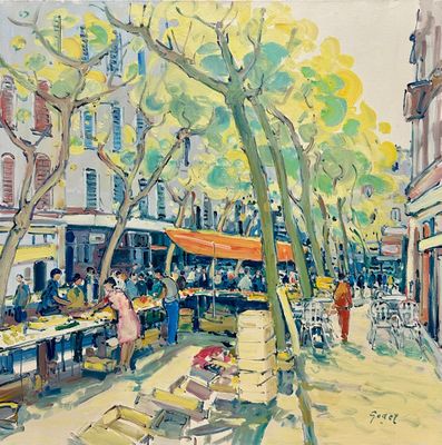 a painting of a street market with people walking by