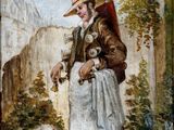 un vieux tableau représentant un homme avec un chapeau et un sac à dos
