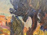 an oil painting of a tree in a field with a hill in the background