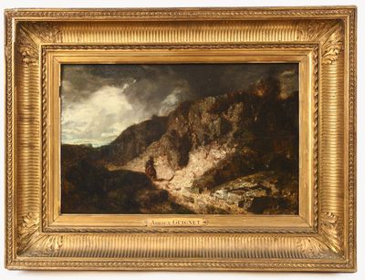 une peinture représentant une scène de montagne avec une rivière au premier plan