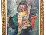 an oil painting of a man holding a child in his arms