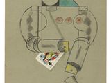 une image représentant un dessin d'un robot tenant une carte à jouer