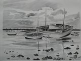 two boats that are sitting on the shore of the water