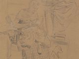 drawing of a woman sitting in a chair with a man standing behind her