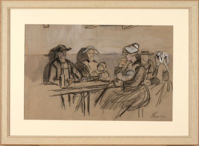 drawing of a group of people sitting at a table with drinks