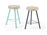 pair of stools with wooden seat and metal legs on a white background