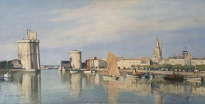 a painting of a view of a city from the water