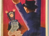 une vieille affiche représentant un homme tenant un éventail à la main