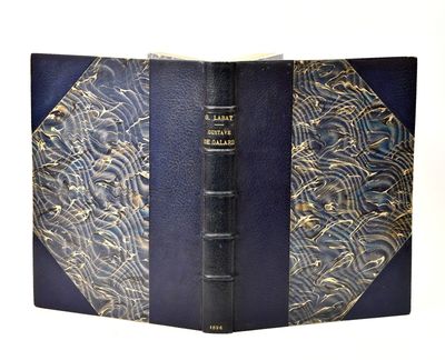 an old book with a blue cover with gold designs on it