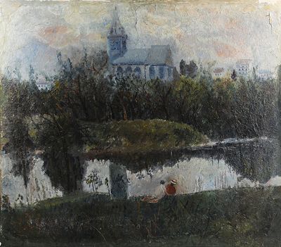 un tableau représentant une personne assise dans l'herbe au bord d'un lac