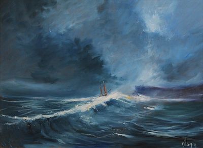 an oil painting of a sailboat in the middle of a stormy ocean