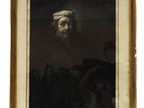 a painting of an old man with a dog in front of him