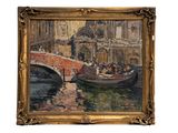 une peinture à l'huile représentant une gondole sur une rivière, avec un pont en arrière-plan