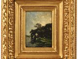 a painting of a landscape with trees and a river in the foreground
