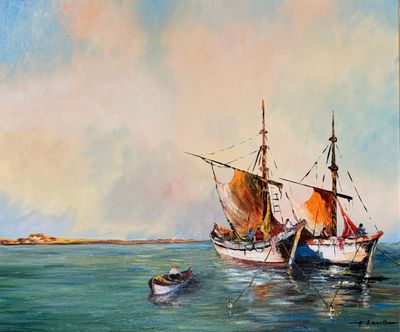 a painting of a boat in the water with a boat in the background