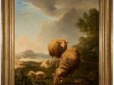 tableau représentant des moutons et des agneaux dans un paysage au bord d'une rivière