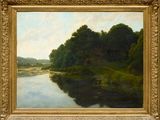 l'image d'une peinture représentant une rivière avec des arbres en arrière-plan