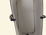 a white surfboard with a black handle attached to it
