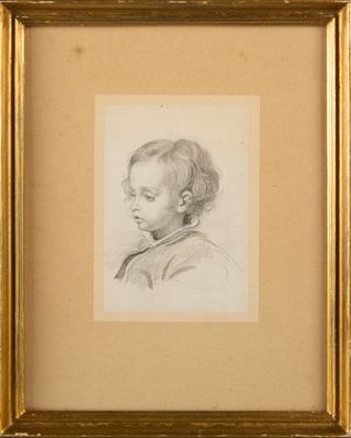 a drawing of a young boy in a gold frame
