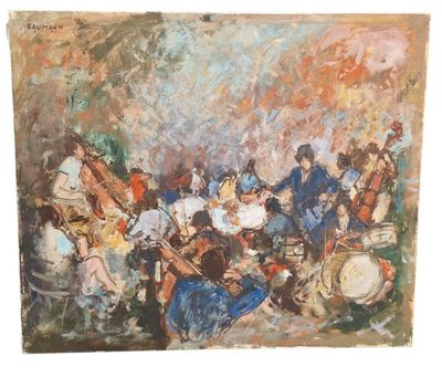 painting of a group of people playing instruments in front of a crowd