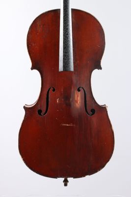 l'arrière d'un violoncelle, avec un archet suspendu à son manche
